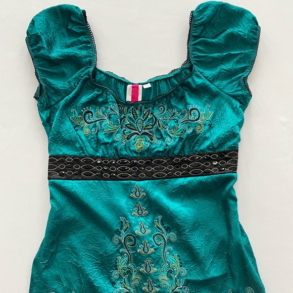 unbranded Tops - Boho Teal Embroidered Gemstone Waist Empire Top Small